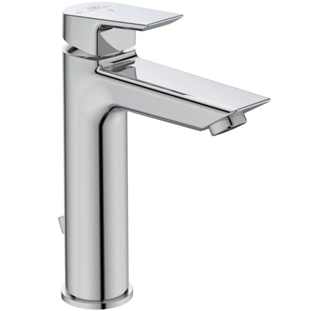 Chromfarbene Waschbeckenarmatur von Ideal Standard mit einem flachen Auslauf und Bedienhebel. Der Wasserfluss erfolgt durch den Auslauf und hat eine klare Form.